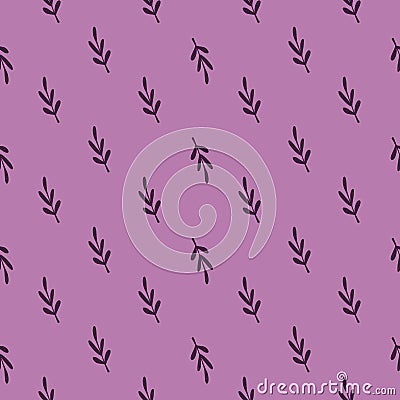 Abstract little leaf branches nature seamless pattern. Purple background. Botanic artwork Cartoon Illustration