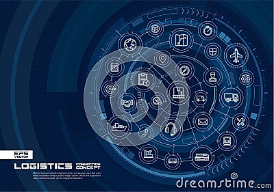 Abstract logistic and distribution background. Digital connect system with integrated circles, glowing thin line icons. Vector Illustration