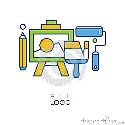 Abstract logo in line style with easel for drawing, pencil, brush and roller. Concept of hobby. Original graphic design Vector Illustration