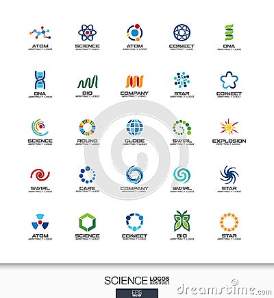 Abstract logo set for business company. Science, education, physics and chemical concepts. Dna, atom, molecule, bio Vector Illustration