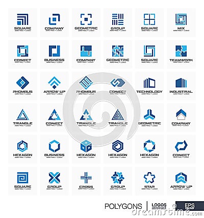 Abstract logo set for business company. Segment group connect, triangle concept. Polygon, square, rhombus, cross Vector Illustration