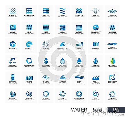 Abstract logo set for business company. Star, Water wave, drops connect concept. Circle, square, spiral, swirl and Vector Illustration