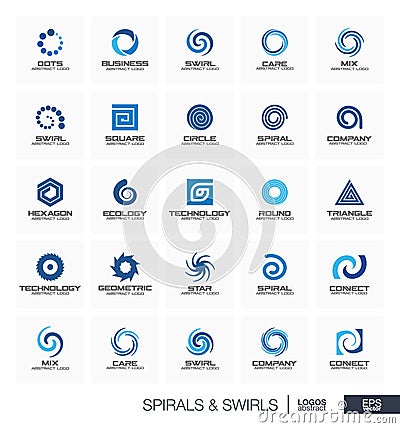 Abstract logo set for business company. Wave, circle, spring, rotation, segment connect concept. Spiral, swirl Vector Illustration