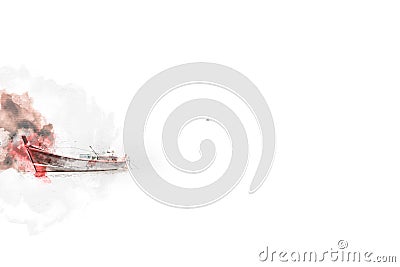 Abstract fishing boat in ocean on watercolor paining background Stock Photo