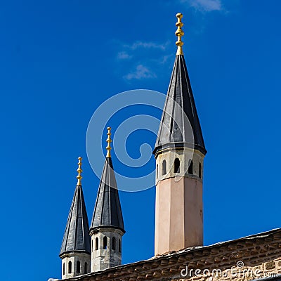 Abstract looking narrow pointed towers on a historic building in Istanbul Stock Photo