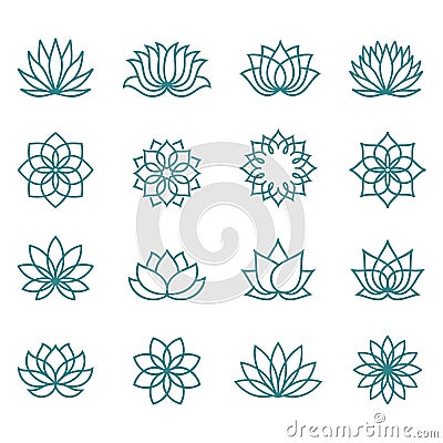 Abstract lotus flowers. Lotus flower icon set in flat and line styles. Vector Illustration