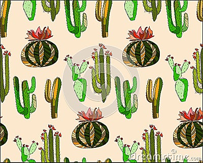 Abstract lovely mexican tropical floral herbal summer green set of a cactus paint like child on beige background Vector Illustration