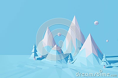 Abstract low poly mountain trees. 3d blue of polygon background landscape. 3d rendering Christmas and Happy New Year on pastel Stock Photo