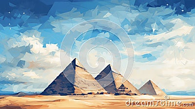 Abstract Low Poly Pyramids In The Desert - Watercolor Illustration Cartoon Illustration