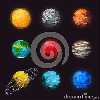 Abstract low poly set of isolated planets. Fantasy polygonal planets set on space background. Science astronomy of the Vector Illustration