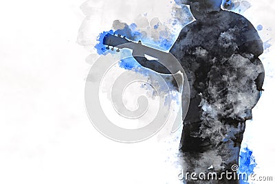 Abstract man playing acoustic guitar watercolor paint. Cartoon Illustration