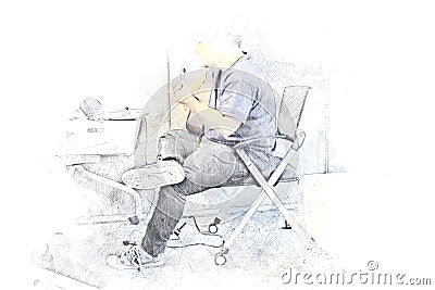 Abstract man playing acoustic guitar on watercolor painting. Cartoon Illustration