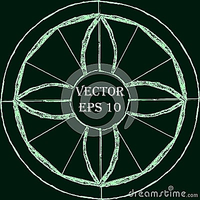 Abstract mandala in a hand-drawn style as a frame. Green geometric mandala with a grain effect on a dark green background. In Vector Illustration