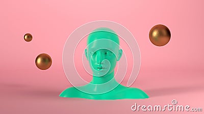 Abstract mannequin female head with golden spheres balls on background. Fashion woman. Green human face. 3d render Cartoon Illustration