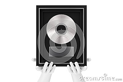 Abstract Mannequin Hands Holding Platinum or Silver Vinyl or CD Prize Award with Label in Black Frame. 3d Rendering Stock Photo