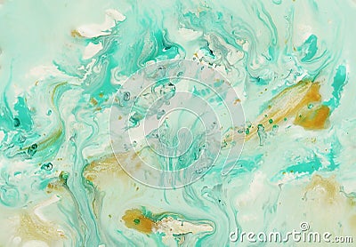 Abstract marble pastel pale blue mint green gold color paint background. Stock Photo