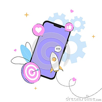 Abstract Marketing Illustration. Purple phone, target, likes, comments Vector Illustration