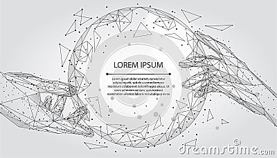 Abstract mash line and point, polygonal hands touching digital global form. Low poly Illustration Vector Illustration