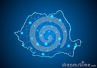 Abstract mash line and point scales on dark background with Map of romania. Vector Illustration