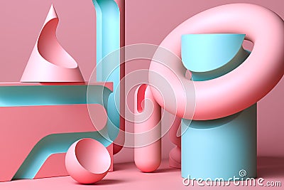 Abstract Matte Figures Of Pink And Blue Pastel Colors on Pink Pastel Background. 3d Rendering. Creative Wallpaper Stock Photo