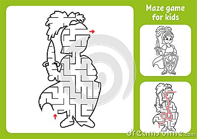 Abstract maze. Brave knight. Game for kids. Puzzle for children. Labyrinth conundrum. Find the right path. Education worksheet. Vector Illustration