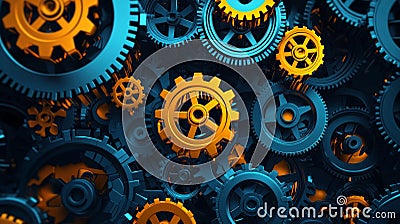 Abstract mechanical gears interconnect complex clockwork design. vibrant colors mechanisms stand dark background Stock Photo