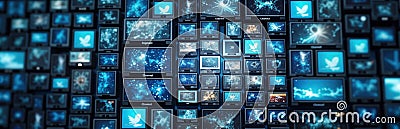 Abstract media tech background. Many screens show various images. Stream tech concepts. Modern tv channels. Digital media tech. Stock Photo