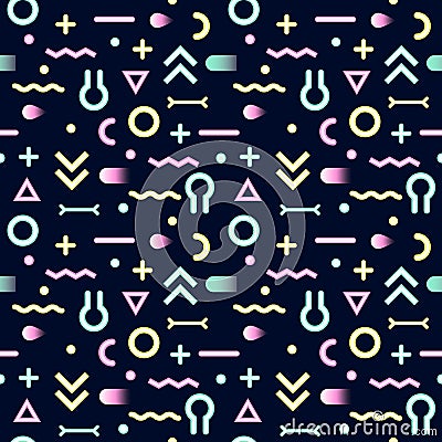 Abstract Memphis Style Neon Seamless Pattern with Geometric Shapes. Vector Illustration