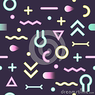 Abstract Memphis Style Neon Seamless Pattern with Geometric Shapes. Vector Illustration