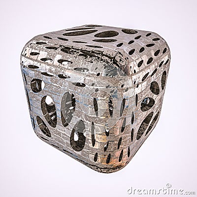 Abstract metal cube with texture and holes. 3d render Stock Photo