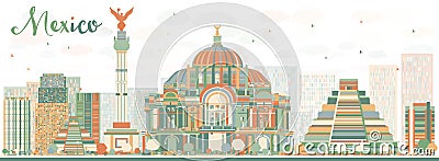 Abstract Mexico skyline with color landmarks. Cartoon Illustration