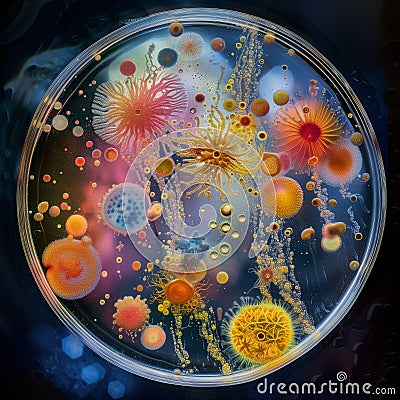 Abstract Microbial Artistic Representation in Petri Dish Stock Photo