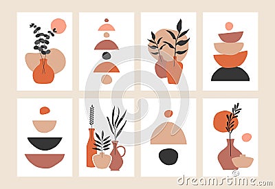 Abstract mid century posters. Contemporary wall art set floral hand drawn organic shapes, boho backgrounds. Vector illustration Vector Illustration