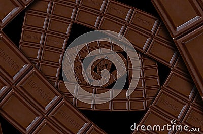 Abstract milk chocolate square spiral made of chocolate bar. Twirl abstract. Chocolate background pattern.Dark chocolate spiral Stock Photo