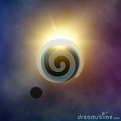 Abstract Milky Way Galaxy. Solar eclipse. Sun shine behind planet Earth and Moon. Starry night sky. Vector background Vector Illustration