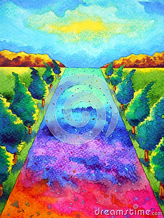 Abstract mind spiritual rainbow path journey watercolor painting art illustration design drawing Cartoon Illustration