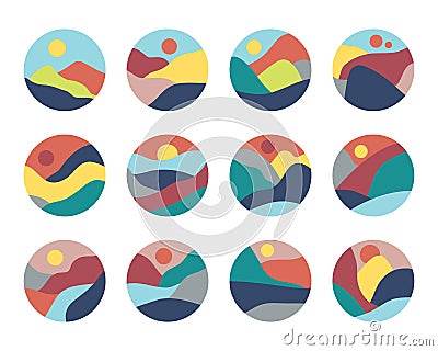 Abstract minimal colorful landscape, hills, river and mountain circle icons set on white Vector Illustration