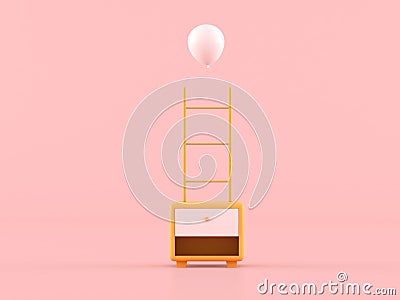 Abstract of minimal composition concept, small yellow cabinet with ladder and white balloon on pink background. 3D rendering Stock Photo