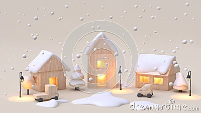 abstract minimal cream background snow winter new year concept wood toy town-village cartoon style 3d render Stock Photo