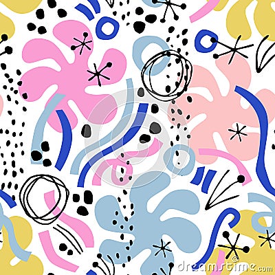 Abstract minimal lines, circles, doodles, squiggles seamless pattern Vector Illustration