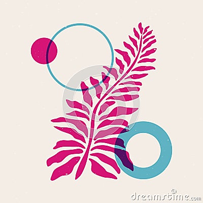 Abstract minimal poster riso style. Modern floral element lino print effect, simple circle shapes. Vector background Vector Illustration