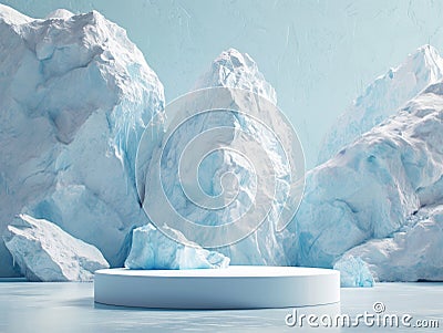 Abstract minimal scene with icebergs and podium, 3d render Generative AI Cartoon Illustration