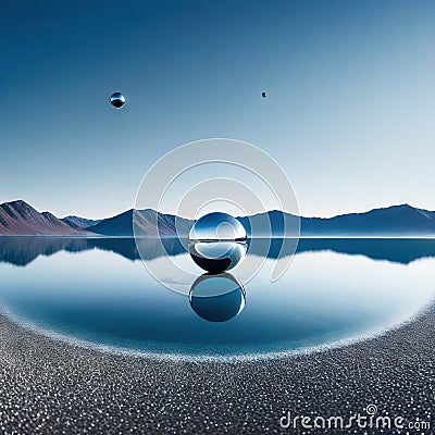 abstract minimalist futuristic fantastic seascape with calm polished chrome ring and silver ball under the plain gradient Fantasy Cartoon Illustration