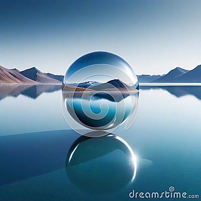 abstract minimalist futuristic fantastic seascape with calm polished chrome ring and silver ball under the plain gradient Fantasy Cartoon Illustration