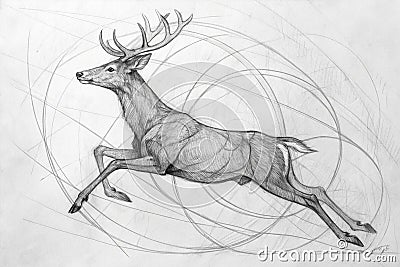 Abstract minimalist graphite sketch of a deer arching in fear, in bold continuous single stroke and visible gaps. Rendered on Stock Photo
