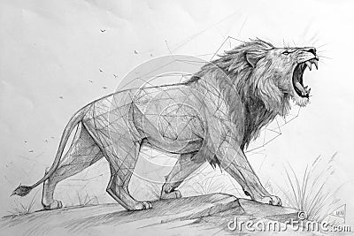 Abstract minimalist graphite sketch of a lion arching in fear, in bold continuous single stroke and visible gaps. Rendered on Stock Photo