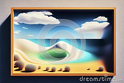 Abstract minimalist rendering of a frame with an image of a surreal beach with dunes, the sea and clouds, made with generative ai Stock Photo