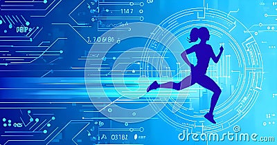 runner silhouette with dynamic vibrant lines showing motion, surrounded by data streams Stock Photo