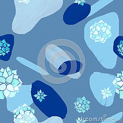 Abstract minimalist seamless pattern. Pastel and navy blue shapes with watercolor echeveria plants on blue background Stock Photo