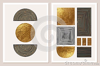 Abstract minimalist wall art composition in beige, grey, white, black colors. Simple line style. Golden geometric shapes Vector Illustration